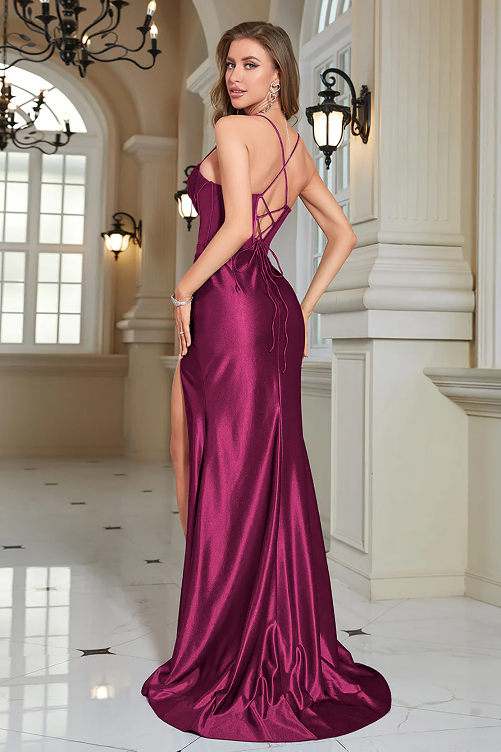 Fuchsia Mermaid Spaghetti Straps Long Ball Dress With Slit
