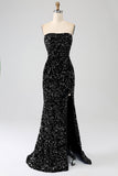 Royal Blue Mermaid Strapless Sequins Long Ball Dress With Slit