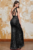 Glitter Black Mermaid One Shoulder Sequins Ball Dress With Slit