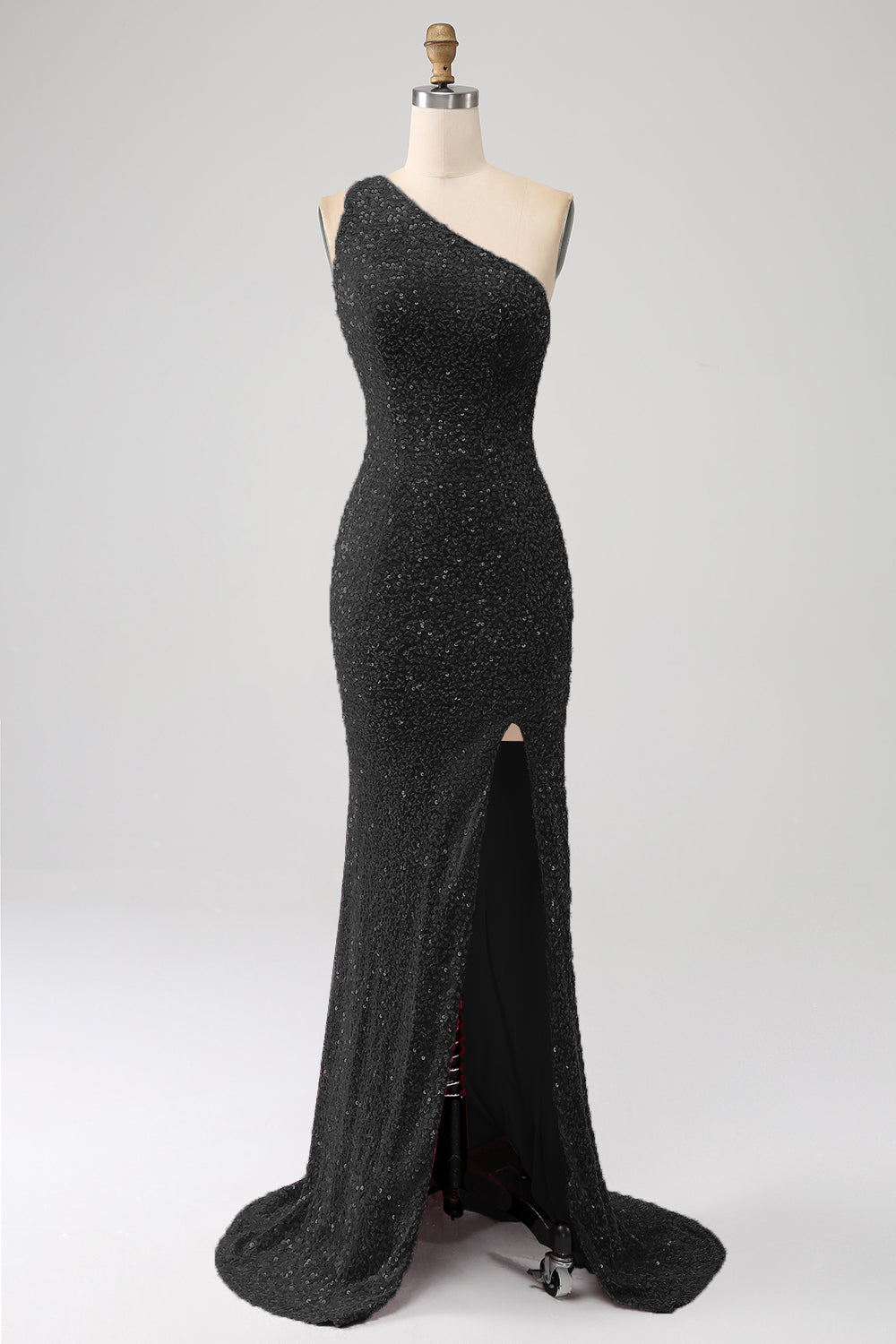 Sparkly Orange Mermaid One Shoulder Sequins Ball Dress with Slit