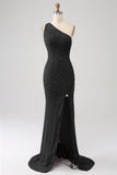 Sparkly Orange Mermaid One Shoulder Sequins Ball Dress with Slit
