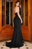 Sparkly Mermaid Sweetheart Sweep Train Black Ball Dress With Sequins