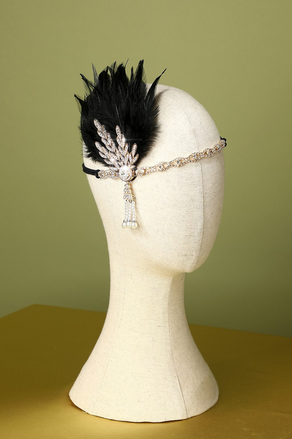 Black Beaded Feather 1920s Flapper Headband