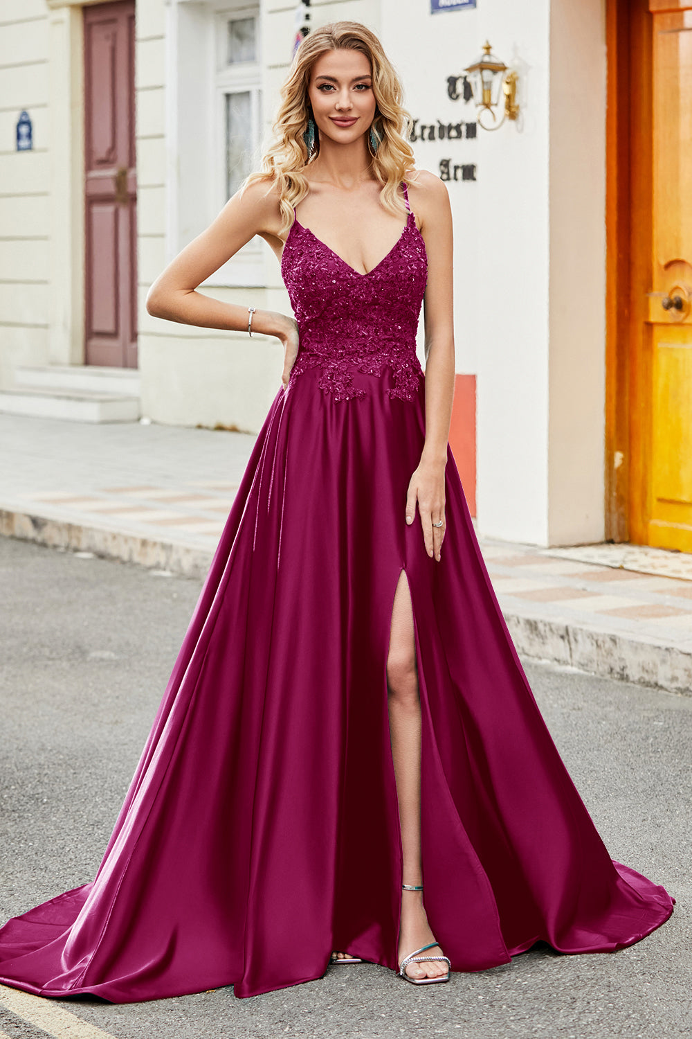 Fuchsia A Line Spaghetti Straps Long Ball Dress with Appliques