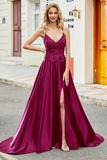 Fuchsia A Line Spaghetti Straps Long Ball Dress with Appliques