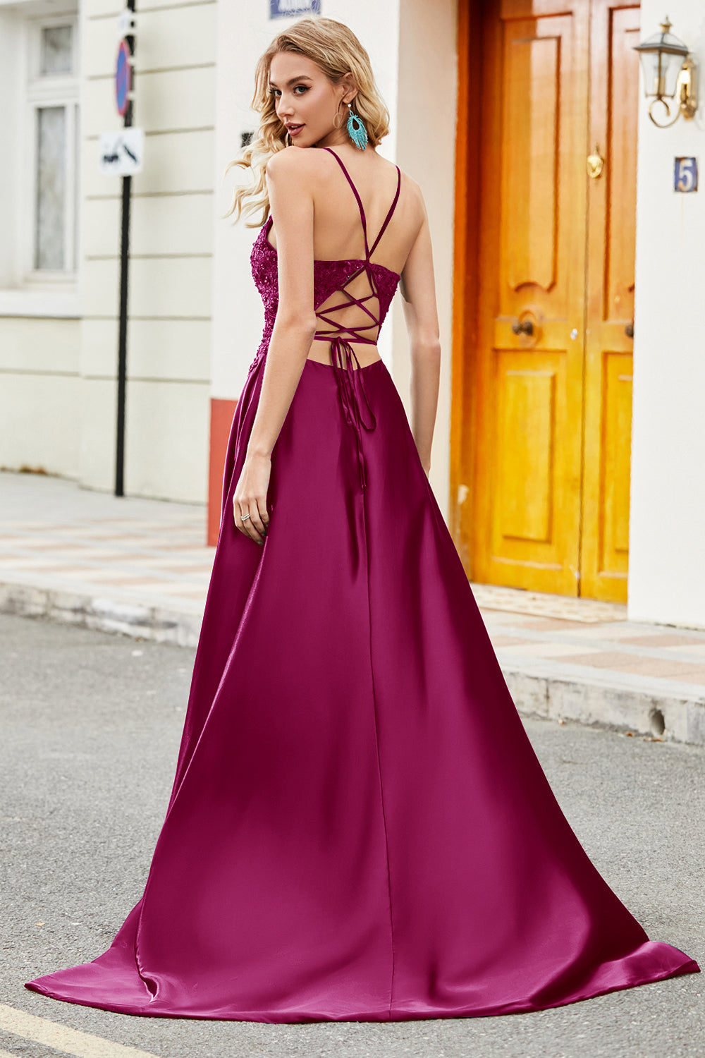 Fuchsia A Line Spaghetti Straps Long Ball Dress with Appliques