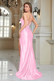 Fuchsia Mermaid Spaghetti Straps Long Ball Dress With Slit