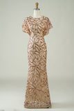 Champagne Sequins Long Ball Dress with Slit Back