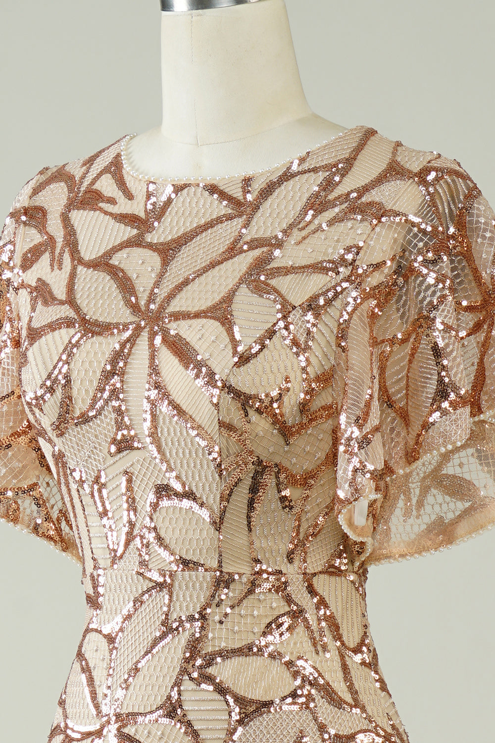 Champagne Sequins Long Ball Dress with Slit Back