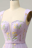 A-Line Square Neck Purple Long Ball Dress with Embroidery
