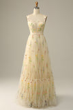 Champagne A-Line Square Neck Floor Length Tulle Ball Dress with Embroidery