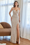 Champagne Mermaid Sequins Ball Dress with Slit