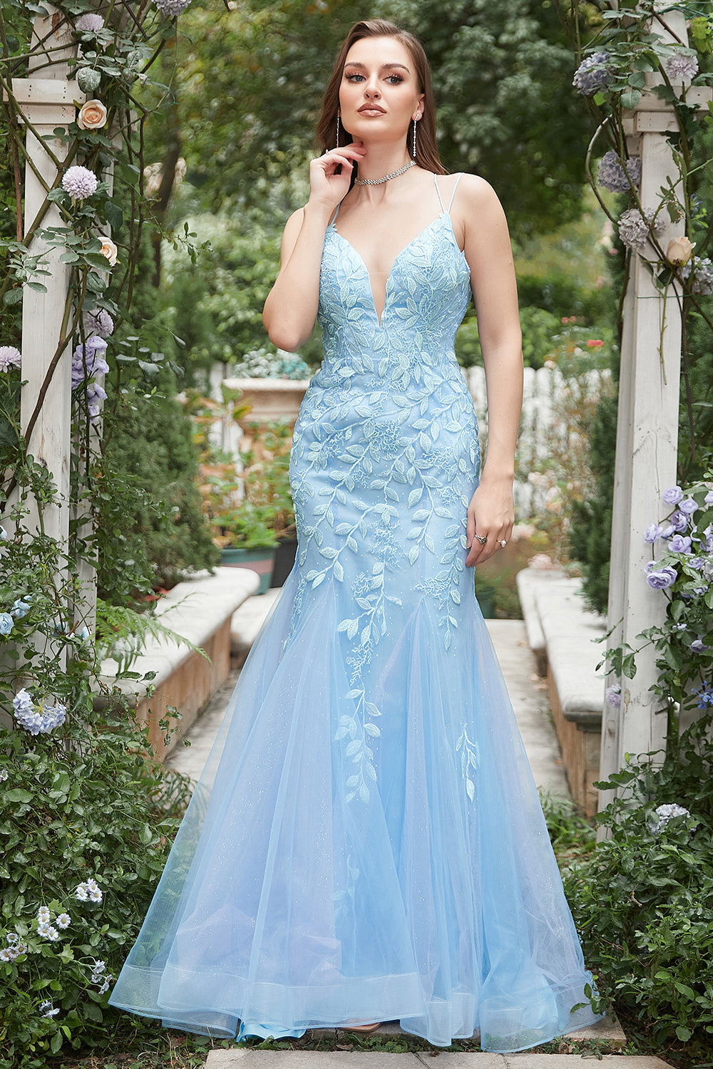 Blue Mermaid Deep V Neck Long Ball Dress with Criss Cross Back