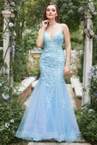 Blue Mermaid Deep V Neck Long Ball Dress with Criss Cross Back