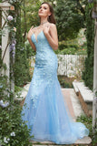Blue Mermaid Deep V Neck Long Ball Dress with Criss Cross Back