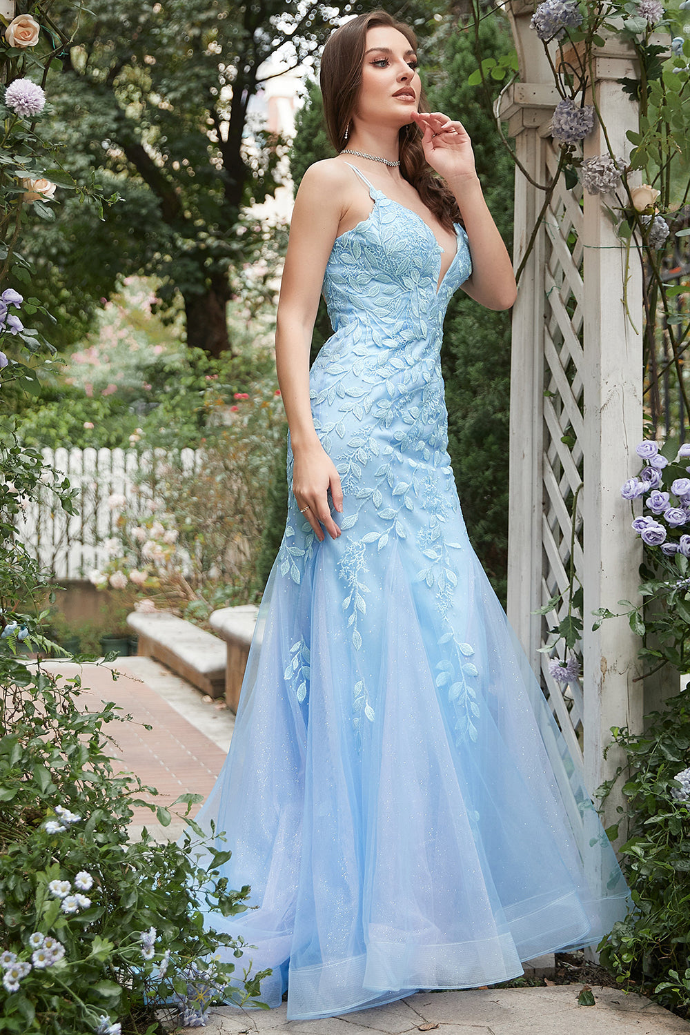 Blue Mermaid Deep V Neck Long Ball Dress with Criss Cross Back