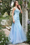 Blue Mermaid Deep V Neck Long Ball Dress with Criss Cross Back