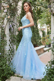 Blue Mermaid Deep V Neck Long Ball Dress with Criss Cross Back