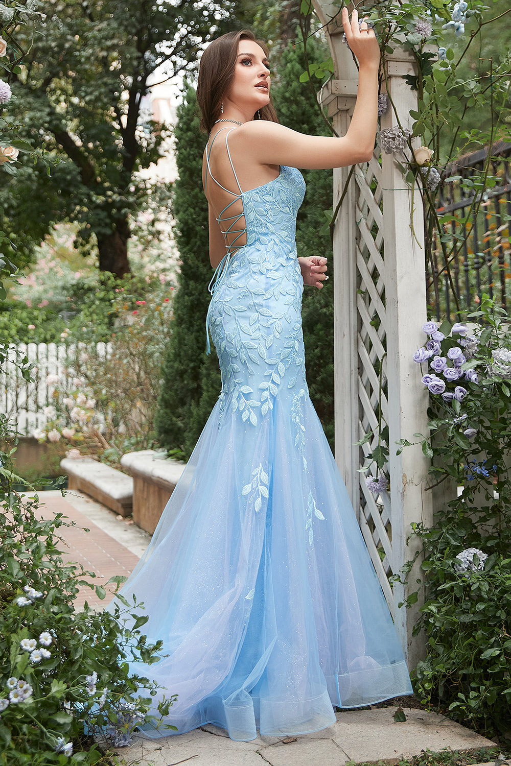 Blue Mermaid Deep V Neck Long Ball Dress with Criss Cross Back