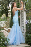 Blue Mermaid Deep V Neck Long Ball Dress with Criss Cross Back