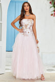 Strapless A Line Pink Tulle Ball Dress with Appliques
