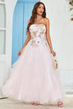Strapless A Line Pink Tulle Ball Dress with Appliques
