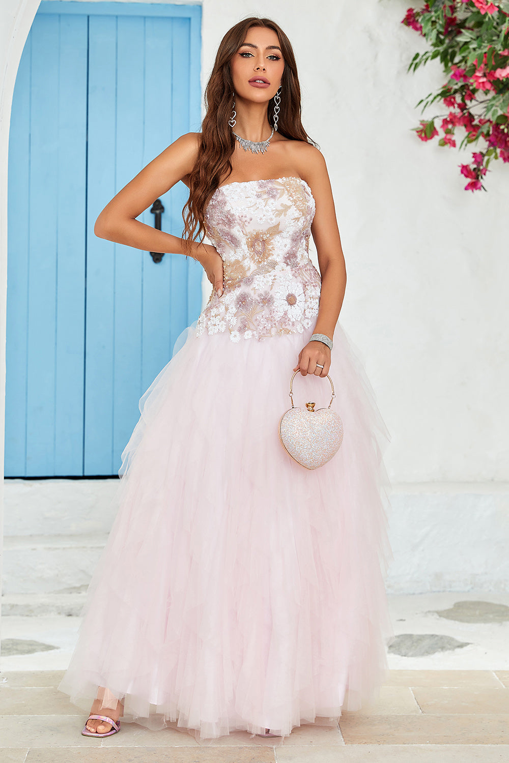Strapless A Line Pink Tulle Ball Dress with Appliques