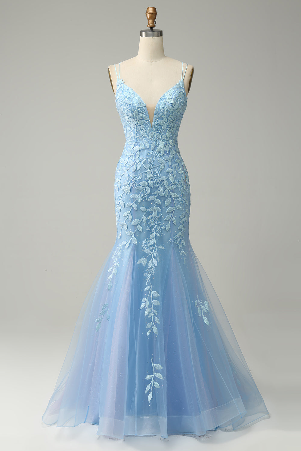 Spaghetti Straps Mermaid Blue Long Ball Dress With Appliques