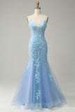 Spaghetti Straps Mermaid Blue Long Ball Dress With Appliques