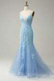 Spaghetti Straps Mermaid Blue Long Ball Dress With Appliques