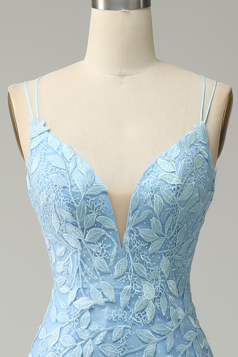 Spaghetti Straps Mermaid Blue Long Ball Dress With Appliques