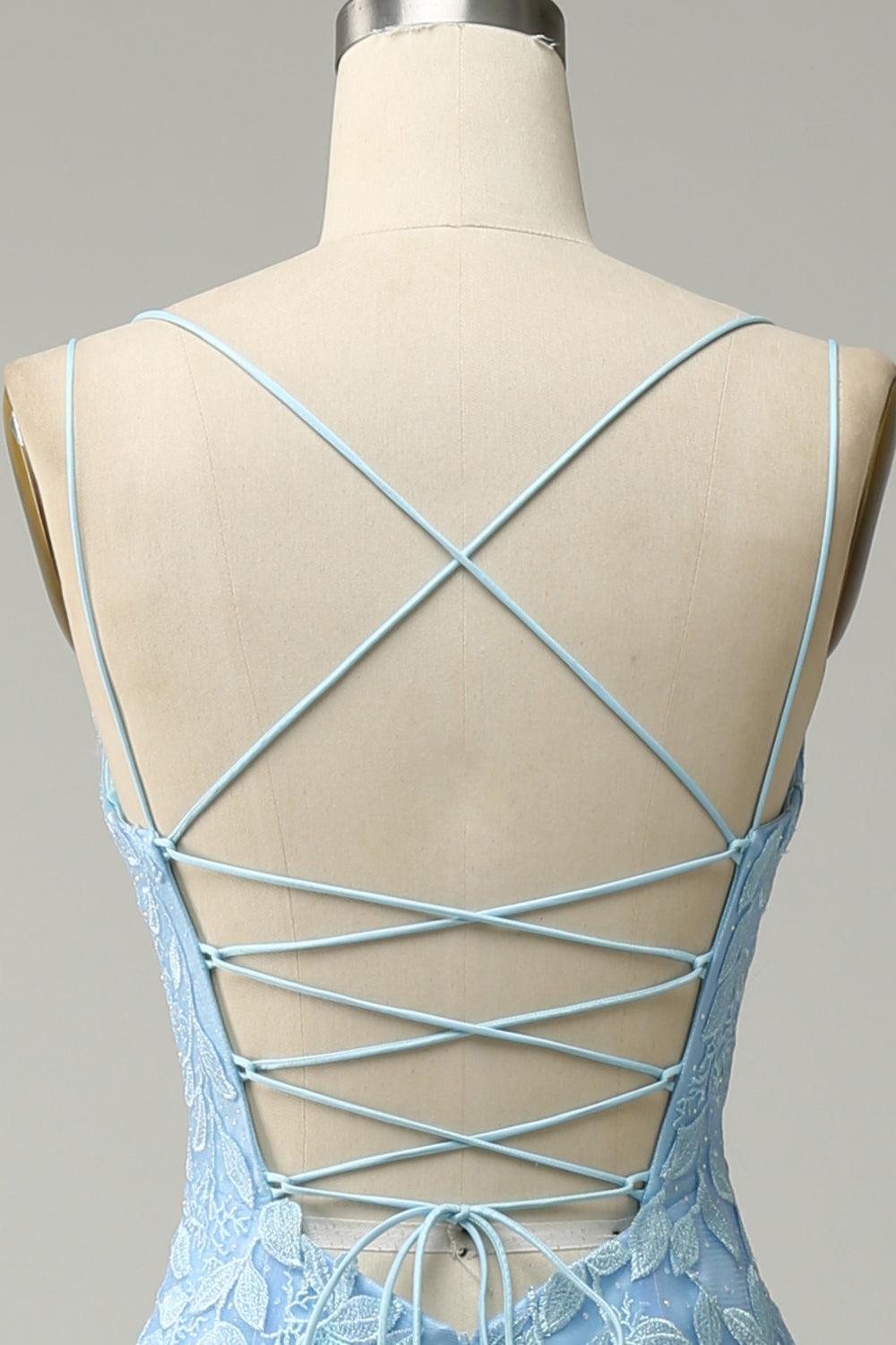 Spaghetti Straps Mermaid Blue Long Ball Dress With Appliques