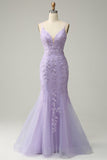Spaghetti Straps Mermaid Blue Long Ball Dress With Appliques
