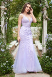 Purple Spaghetti Straps Mermaid Long Ball Dress With Appliques