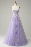 A Line Spaghetti Straps Long Purple Ball Dress with Appliques