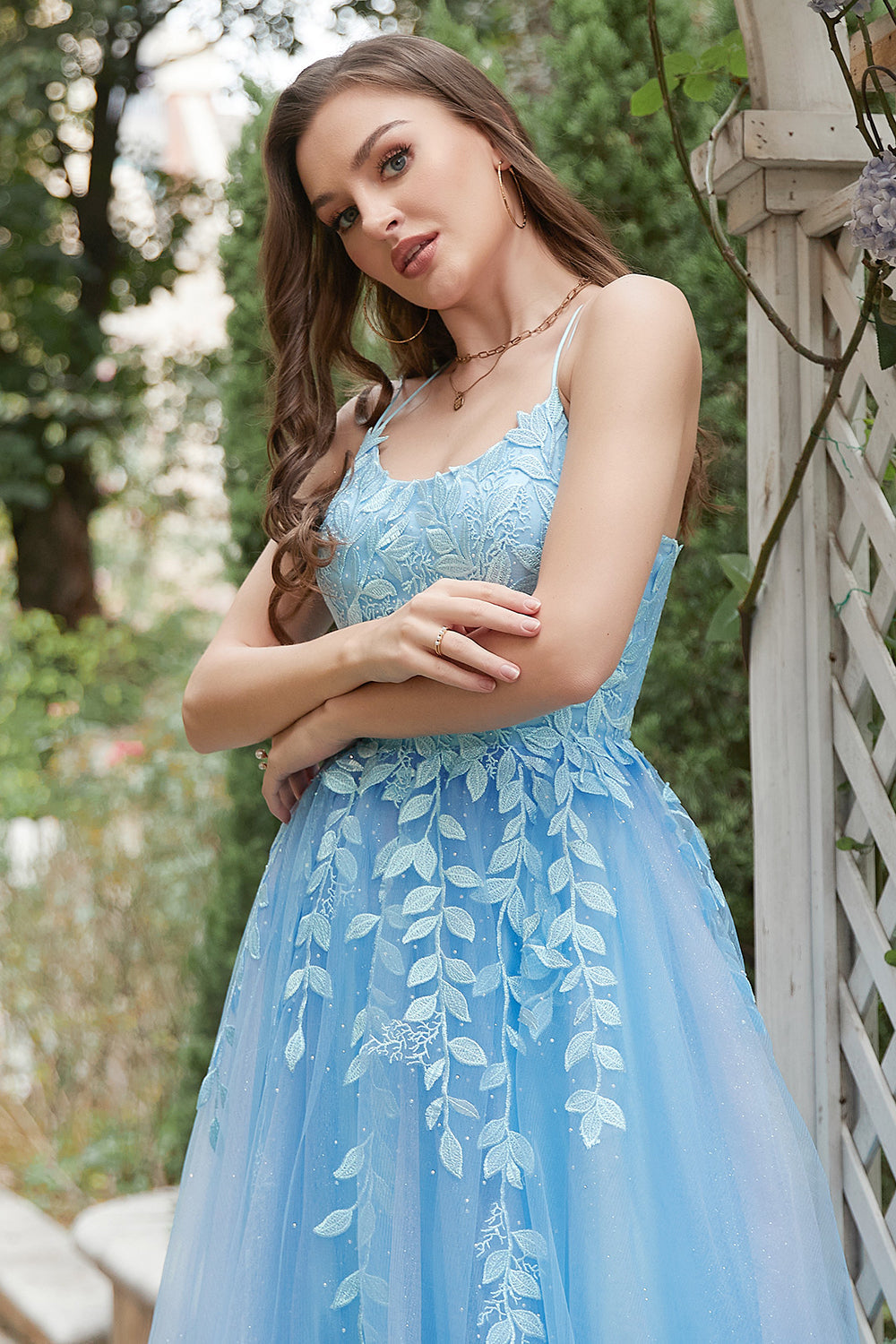 A Line Spaghetti Straps Blue Long Ball Dress with Appliques