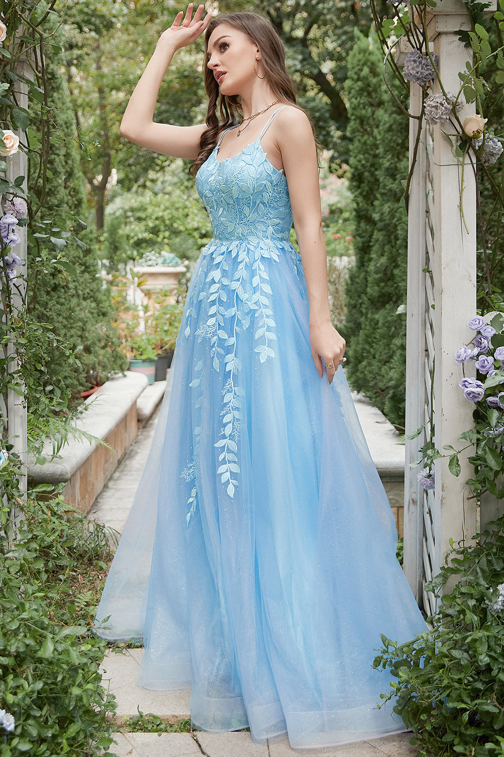 A Line Spaghetti Straps Blue Long Ball Dress with Appliques