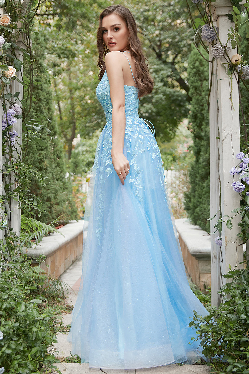 A Line Spaghetti Straps Blue Long Ball Dress with Appliques
