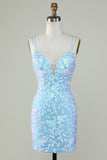 Sparkly Lace-Up Back Light Blue Cocktail Dress