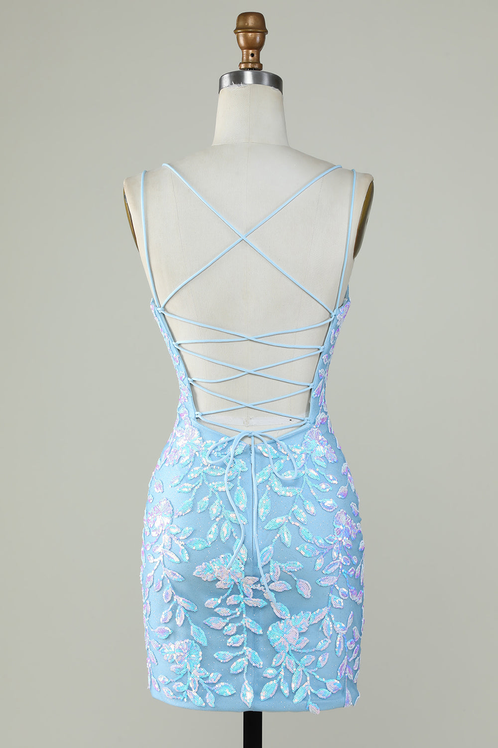 Sparkly Lace-Up Back Light Blue Cocktail Dress