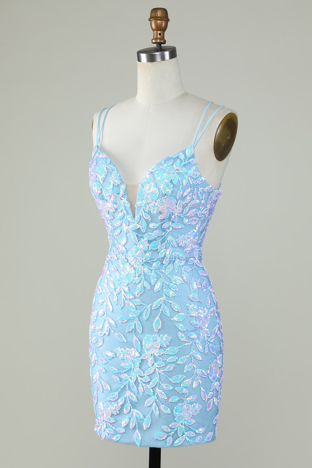 Sparkly Lace-Up Back Light Blue Cocktail Dress