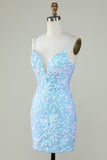 Sparkly Lace-Up Back Light Blue Cocktail Dress