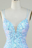 Sparkly Lace-Up Back Light Blue Cocktail Dress