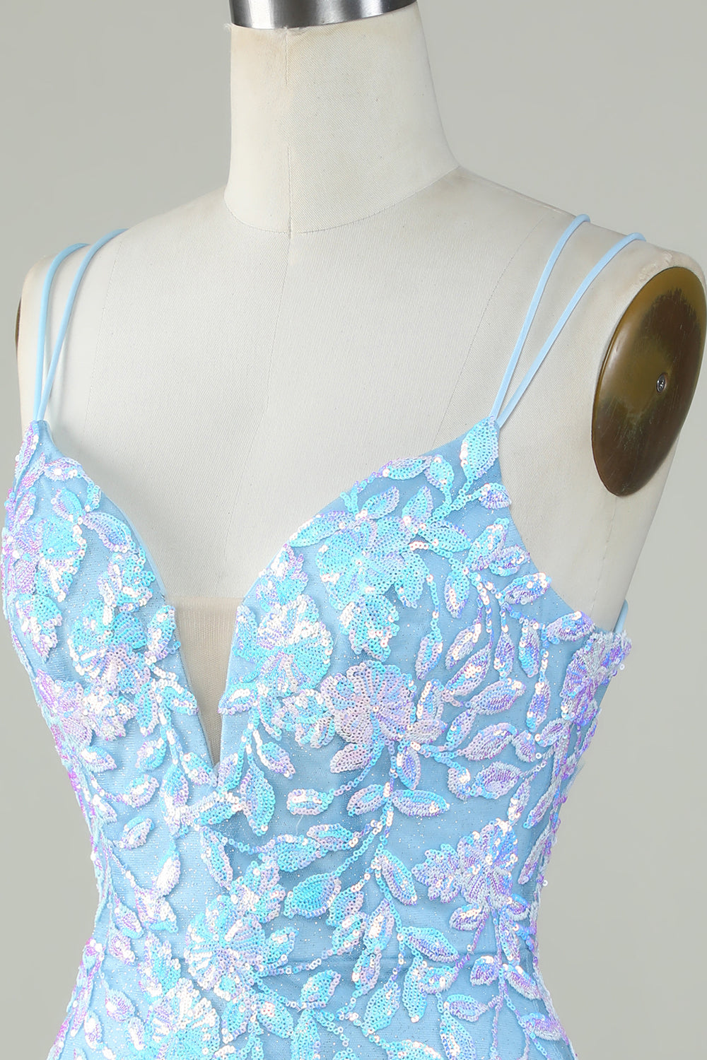 Sparkly Lace-Up Back Light Blue Cocktail Dress