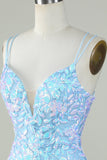 Sparkly Lace-Up Back Light Blue Cocktail Dress