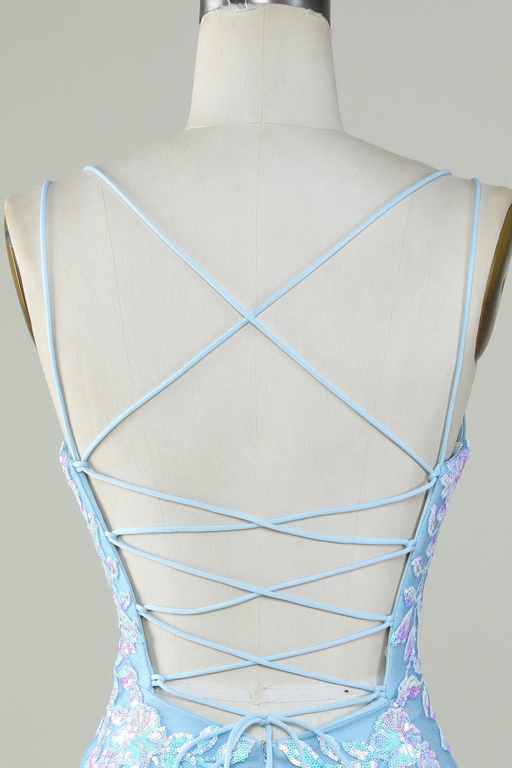 Sparkly Lace-Up Back Light Blue Cocktail Dress