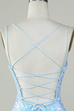 Sparkly Lace-Up Back Light Blue Cocktail Dress
