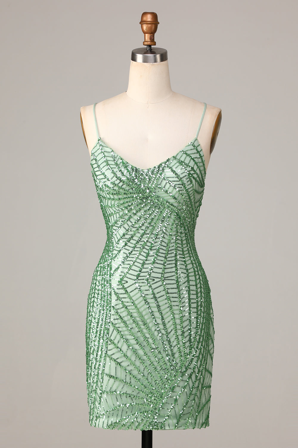 Club Chic Sheath Spaghetti Straps Green Sequins Short Ball Dress with Criss Cross Back