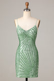 Club Chic Sheath Spaghetti Straps Green Sequins Short Ball Dress with Criss Cross Back