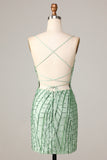 Club Chic Sheath Spaghetti Straps Green Sequins Short Ball Dress with Criss Cross Back